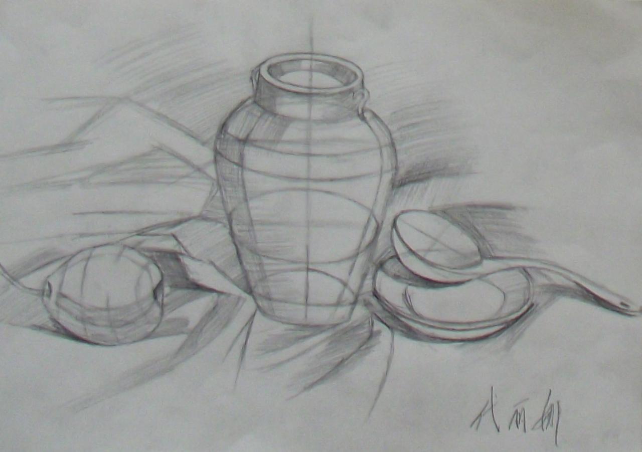 坛子、苹果、勺子和盘子结构素描 代丽娜画