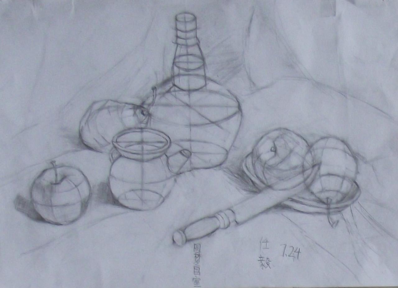 酒瓶、苹果、梨和不锈钢刀结构素描 任毅画