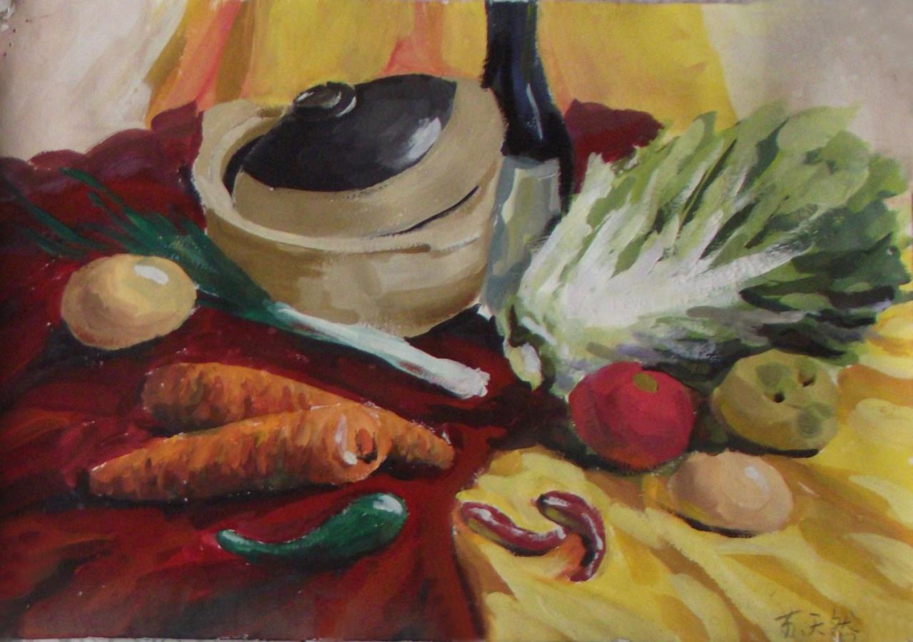 坛子、白菜、胡萝卜和辣椒等蔬菜静物水粉 苏天然画