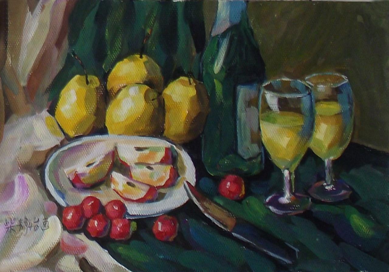酒瓶、酒杯、梨、切块的苹果和枣水粉组合 柴静怡画