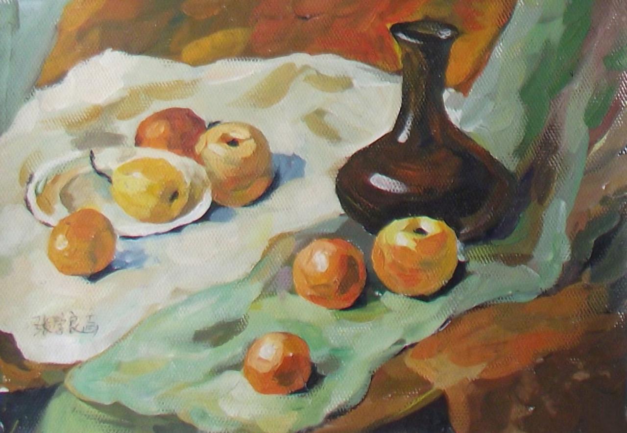 花瓶、苹果和盘子水粉组合 张学良画