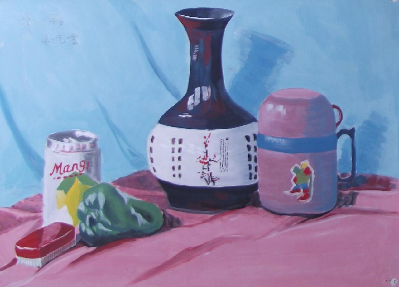 花瓶、保温瓶、青椒、刷子和芒果汁水粉静物 吴老师画