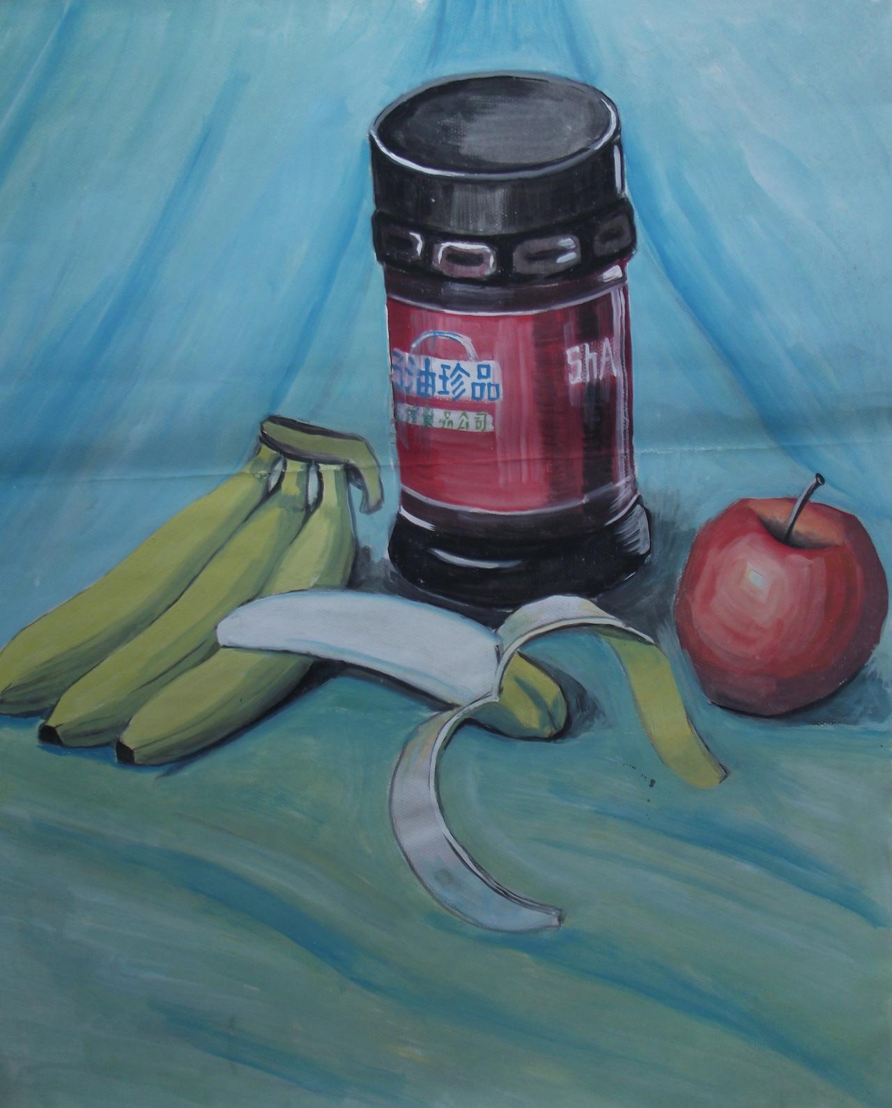 香蕉、苹果和奶油珍品等水粉静物 吴老师画