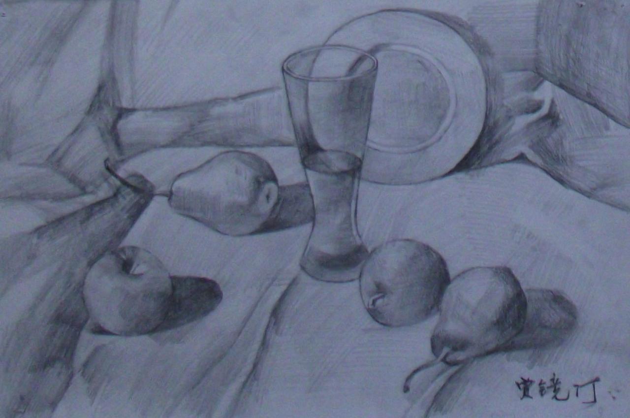 杯子、盘子、水果等静物素描 贾镜汀画