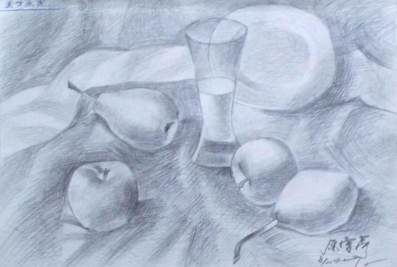 水杯、盘子、水果静物组合 原雪婷画