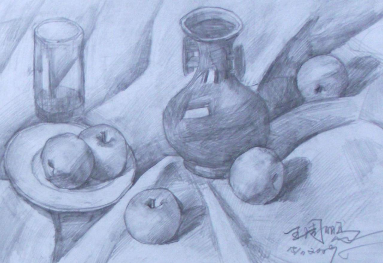 花瓶、水杯、盘子和水果静物组合 王周鹏画