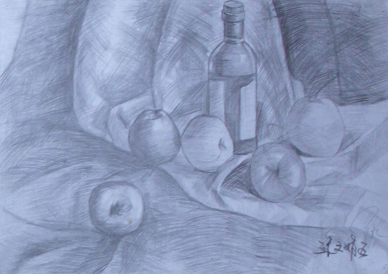 酒瓶和水果静物组合 张文娟画