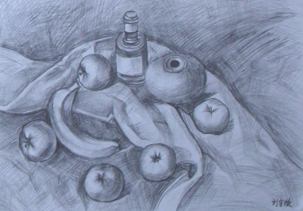 酒瓶、坛子、香蕉和苹果等静物素描 刘宇欣画