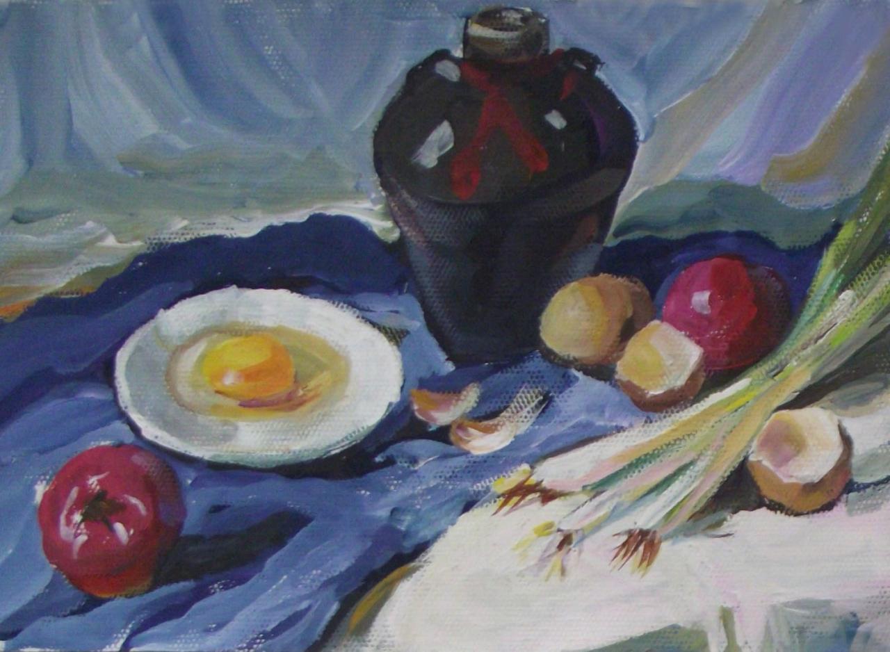 坛子、盘子和鸡蛋等静物水粉 彭老师画