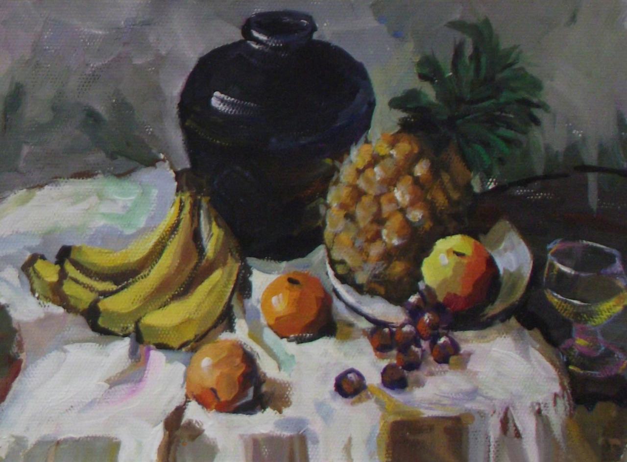 坛子、香蕉、菠萝、盘子和水杯等静物水粉 彭老师画