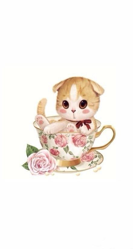 在花纹陶瓷杯里的茶杯猫 手机壁纸