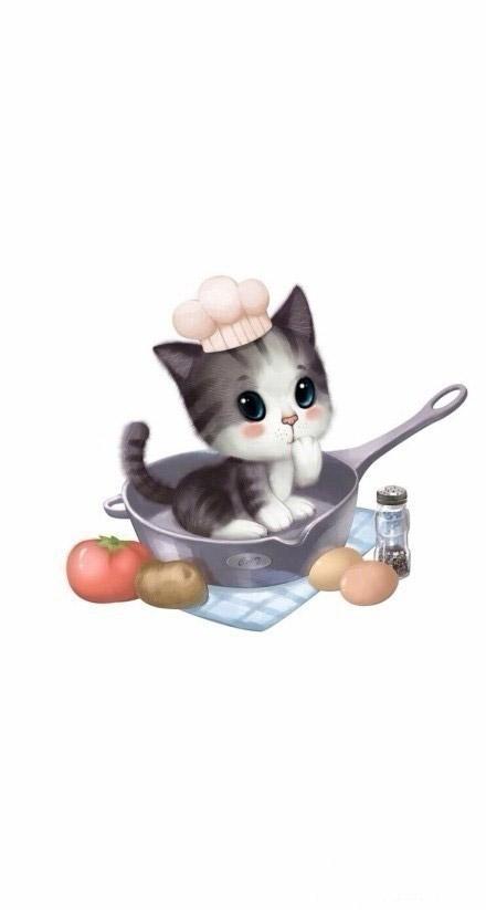 坐在锅里戴着厨师帽子的茶杯猫 手机壁纸