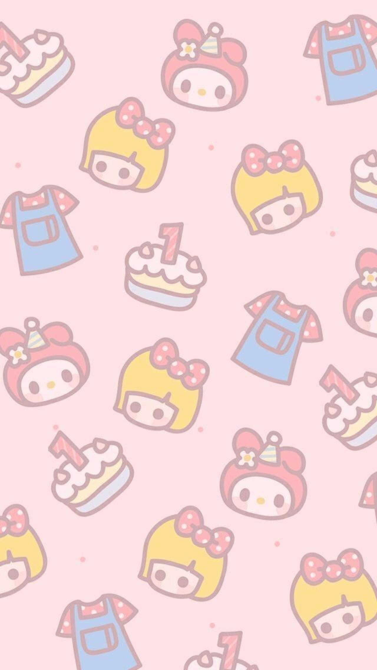 纯粉色背景，小女孩头像、天线宝宝、T恤、小蛋糕图案手机壁纸