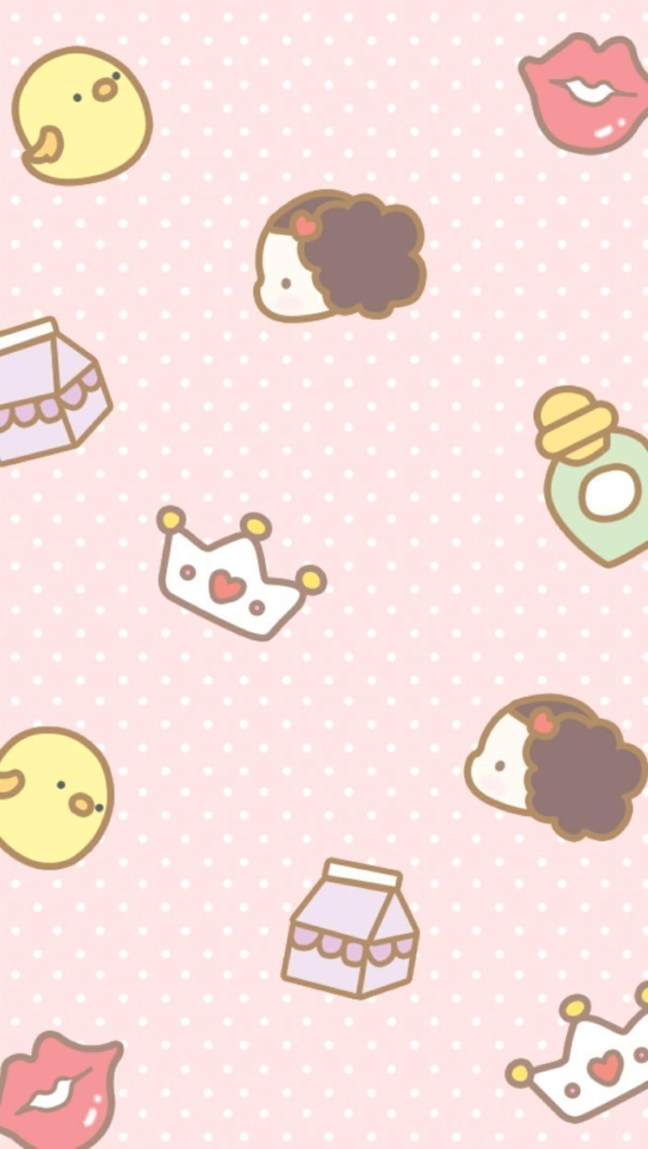 粉色点状背景，小鸡、小女孩头像、王冠、牛奶盒装饰的手机壁纸