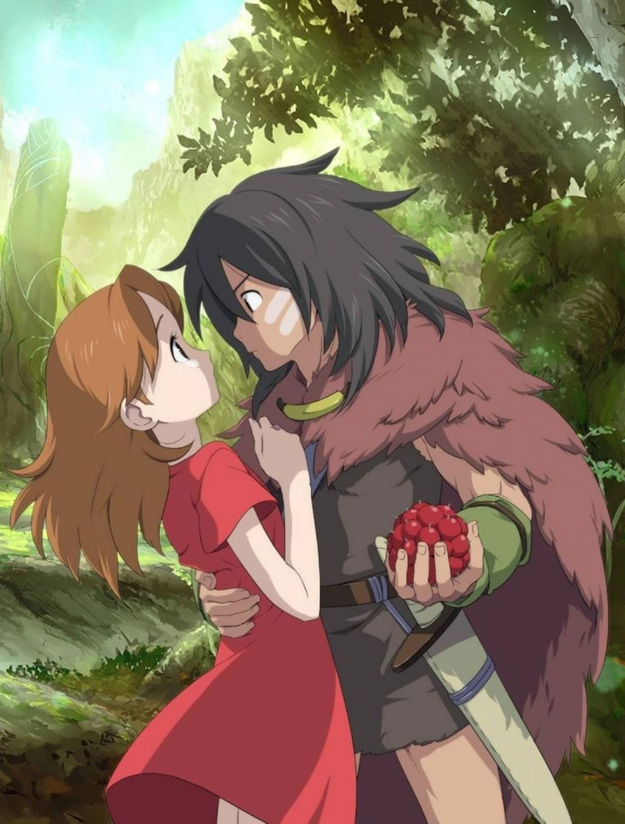 宫崎骏动画《借东西的小人阿莉埃蒂》中的斯皮勒右手搂着阿莉埃蒂，左手拿着树莓