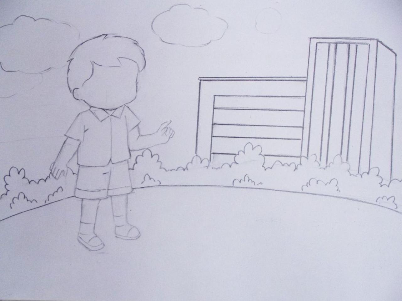 第二步，画出“我”学生各部分比例关系及树林、楼房的结构