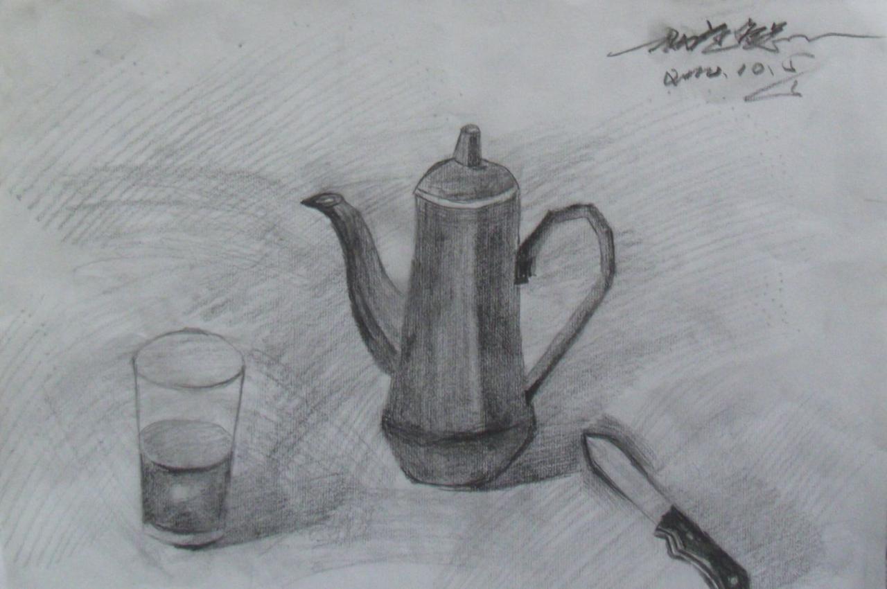 茶壶、水杯和水果刀静物素描 杨芷懿画