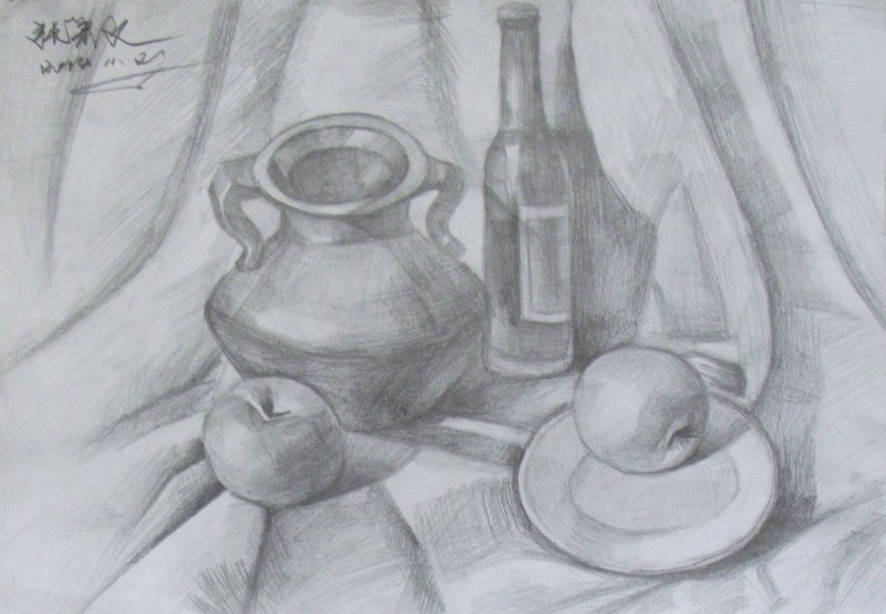 酒瓶、陶罐、苹果、盘子静物素描 张萧文画