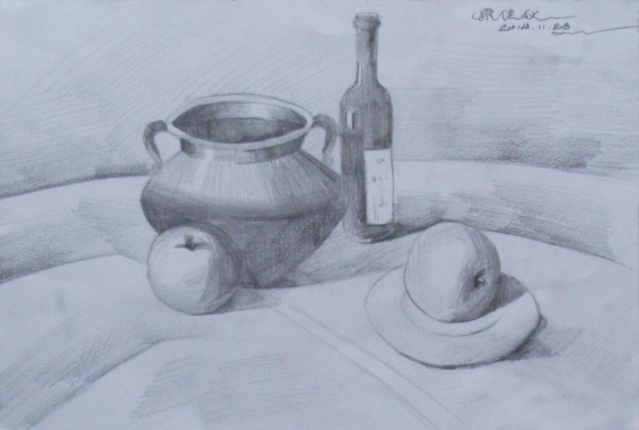 陶罐、酒瓶、苹果和盘子静物素描 原佳仪画
