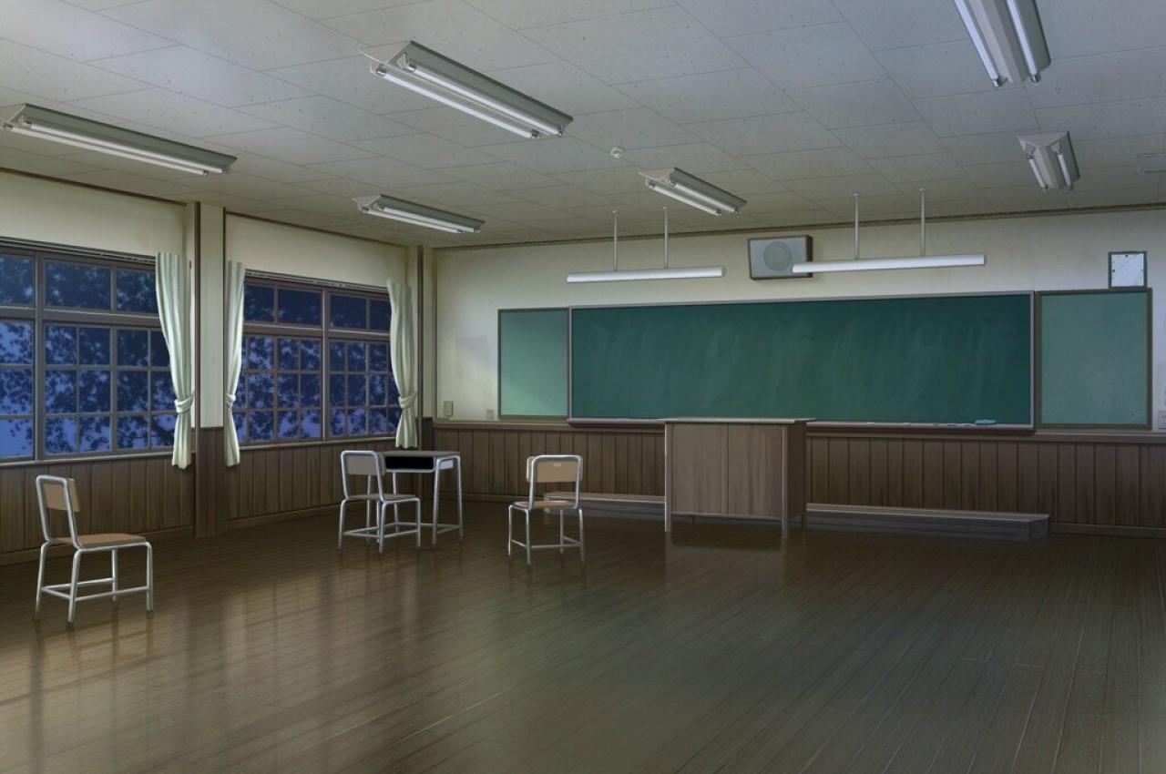《明日の七海と逢うために》天将黑未黑时下只剩下一张课桌，三把椅子空旷的教室
