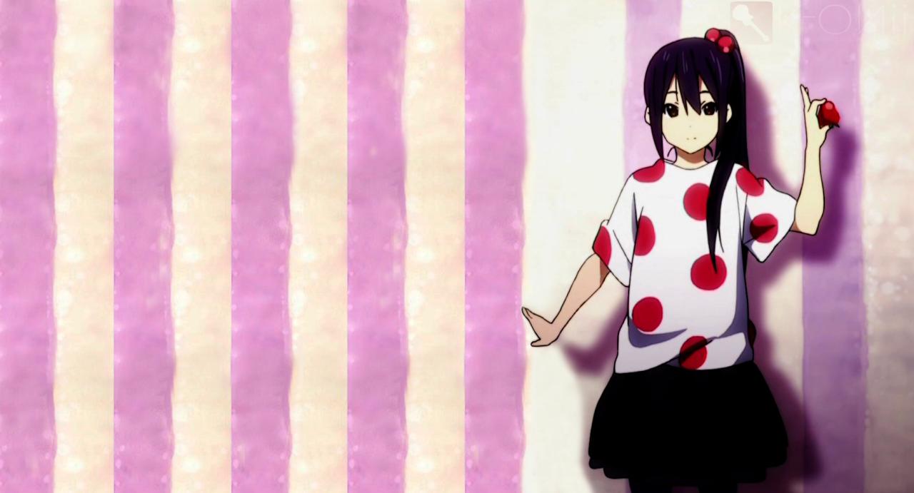 轻音少女第二季ED单人系列中野梓草莓装壁纸，左手拿草莓，放在身体左侧