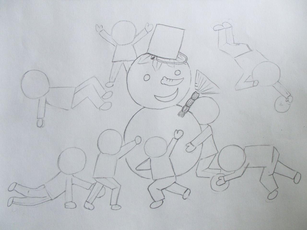 第二步，简单画出雪人及小朋友的基本动作