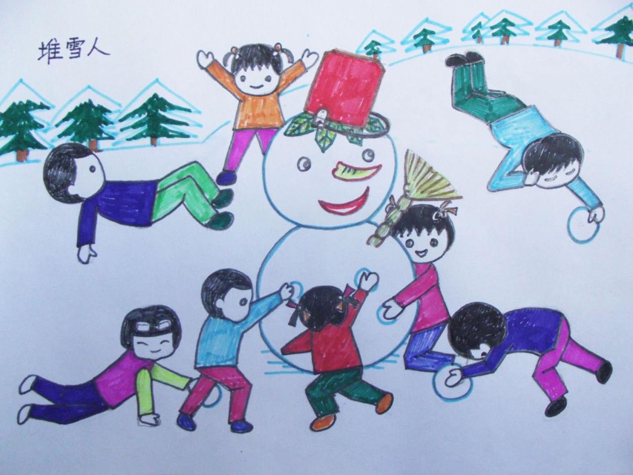 第五步，用彩笔为雪人和小朋友上色