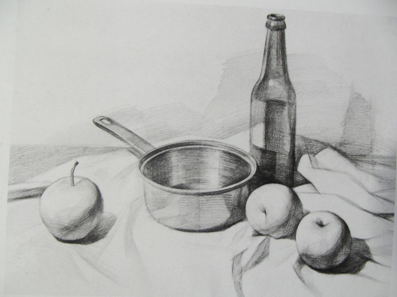 第三步，深入刻画不锈钢锅、啤酒瓶及水果