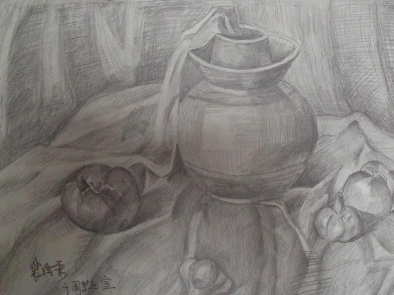 陶罐、西红柿、蒜、洋葱等 静物素描 裴泽霖画