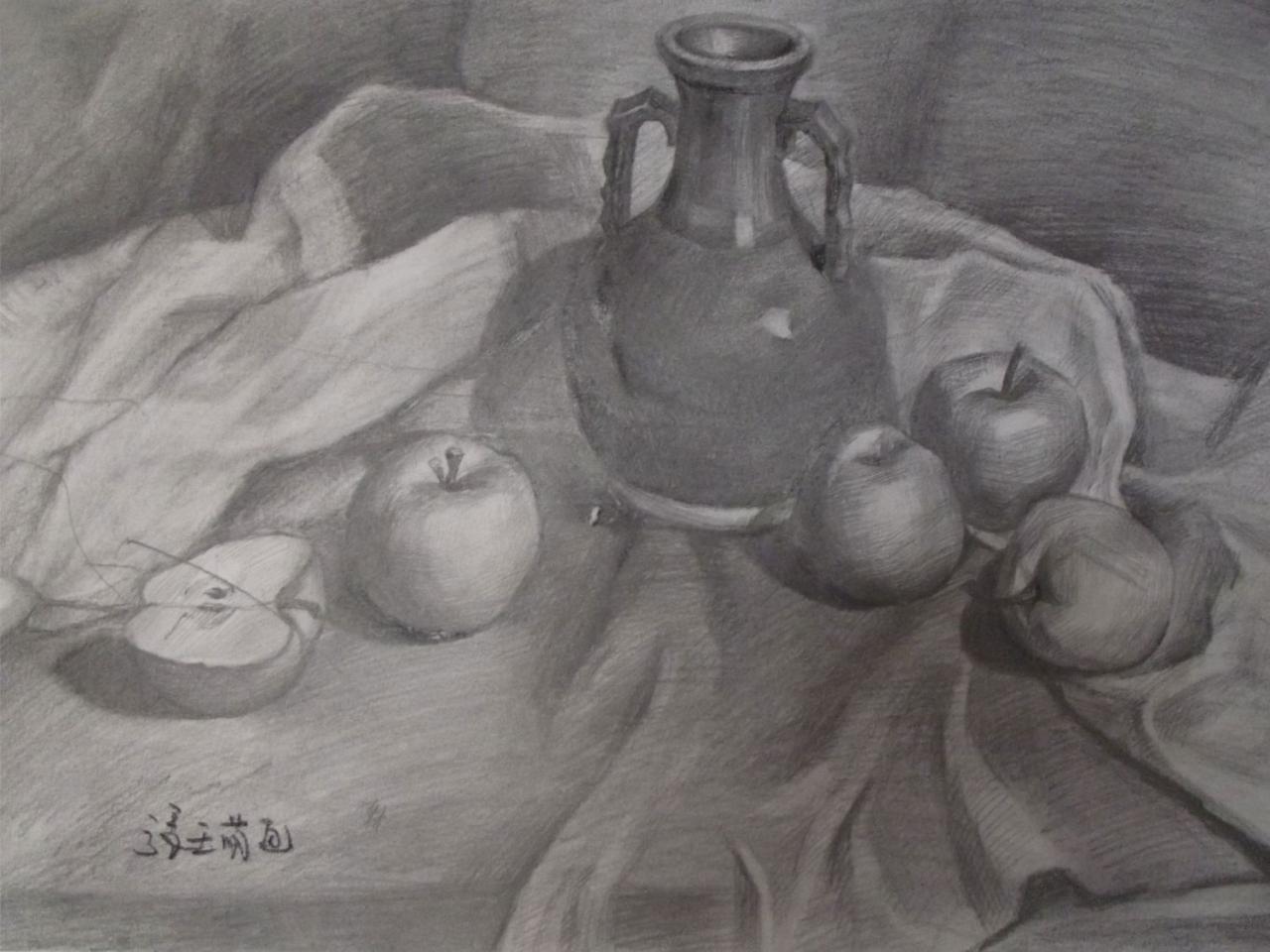 花瓶、苹果、衬布 静物素描 张亚萌画