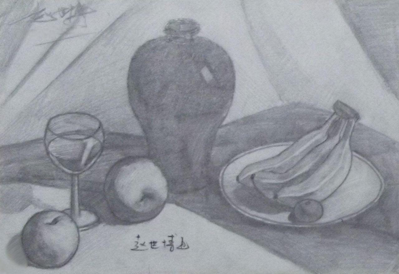 陶罐、玻璃杯、苹果、香蕉、盘子等 静物素描 赵世博画