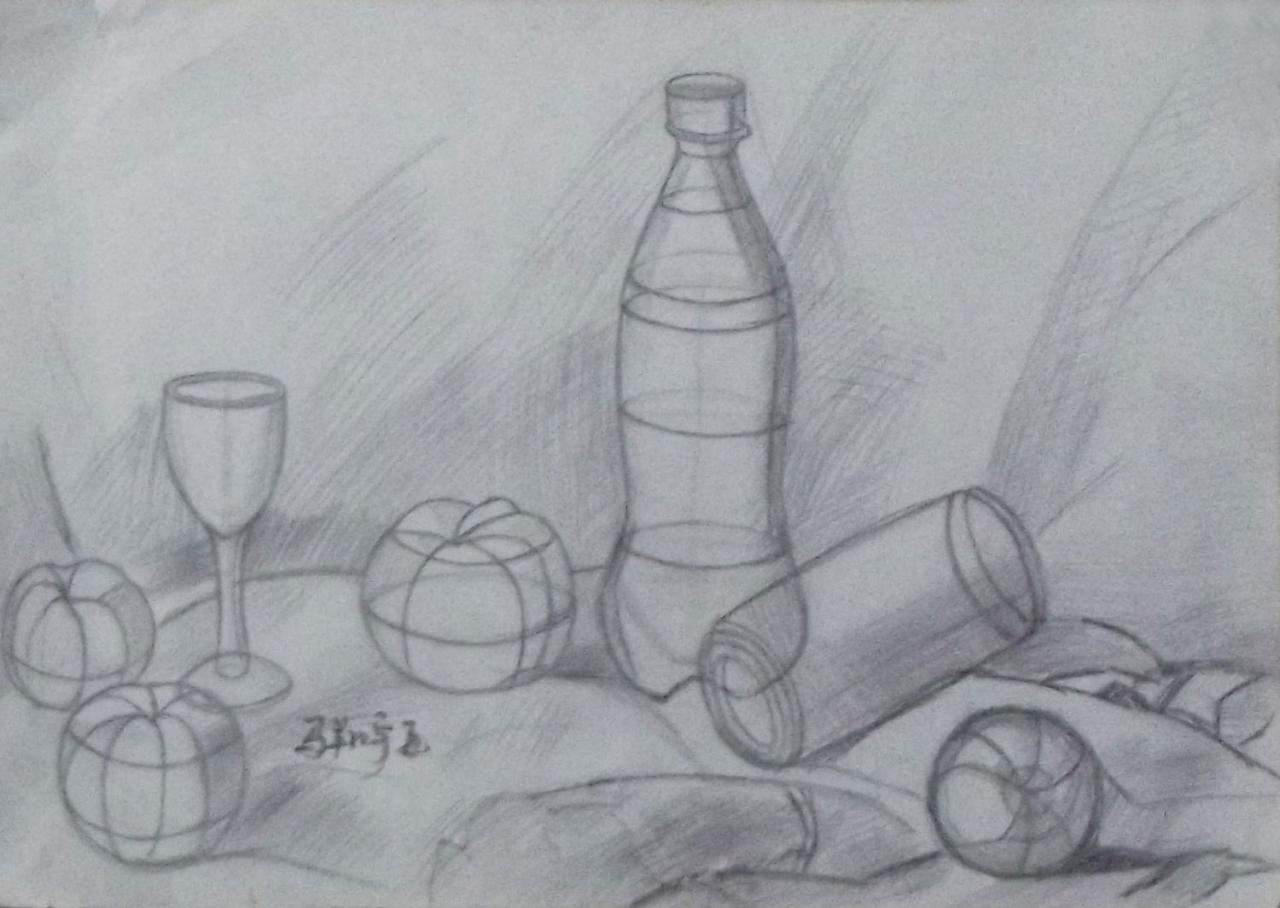 小可乐瓶、酒杯、苹果、易拉罐等 结构素描 马翔宇画