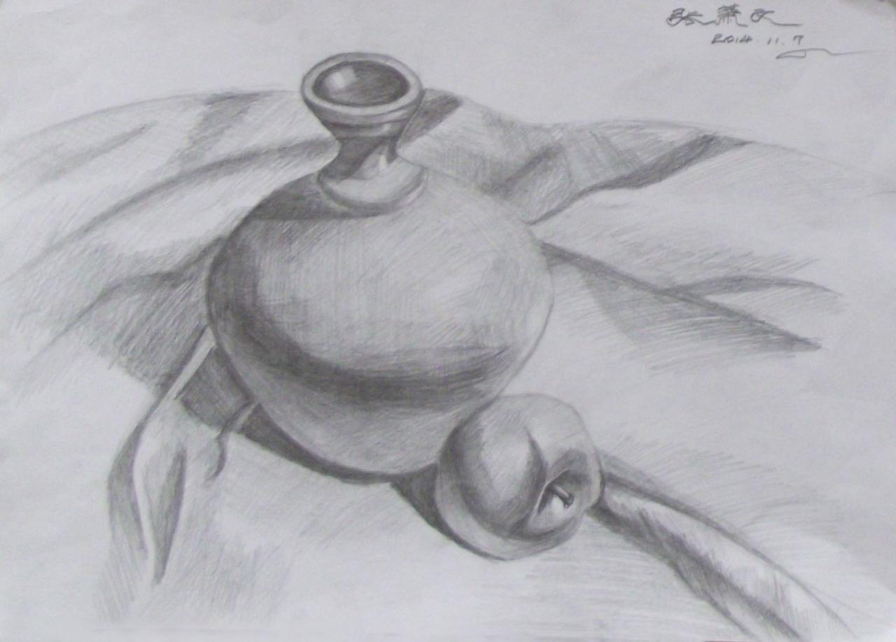陶罐、苹果 静物素描 张萧文画