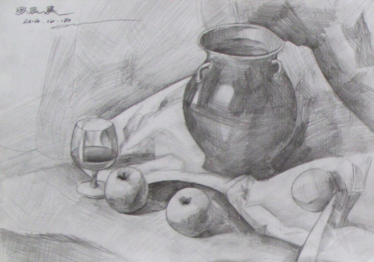 陶罐、玻璃杯、水果 静物素描 罗辰昊画