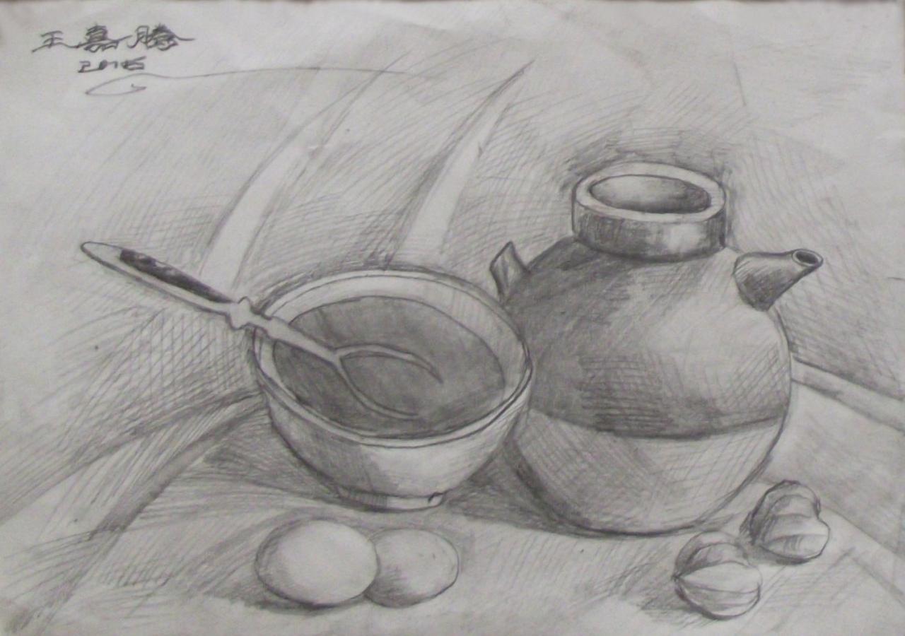 陶罐、碗、勺子、鸡蛋和大蒜 静物素描 王嘉腾画