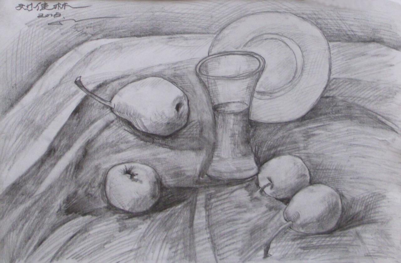 梨、苹果、酒杯、盘子 静物素描 刘佳林画