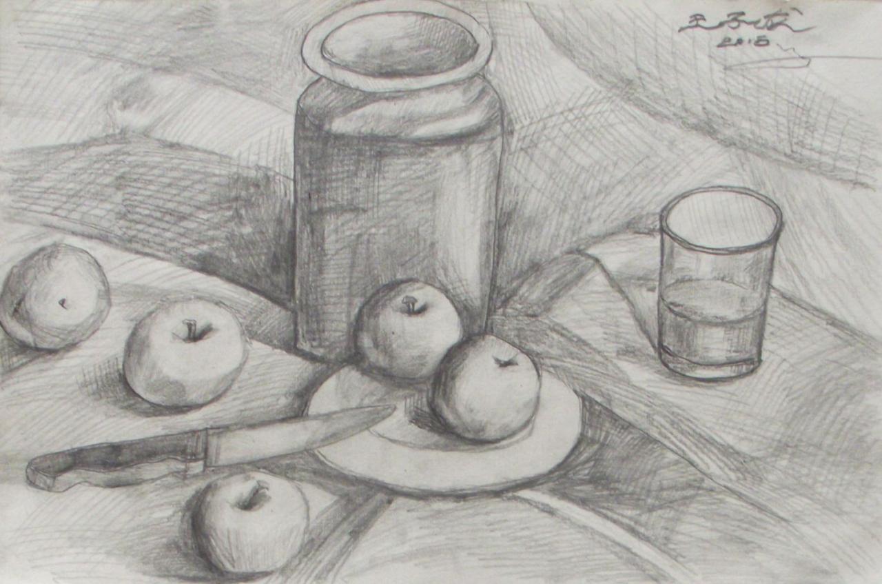 苹果、陶罐、盘子、玻璃杯、水果刀 王子龙画