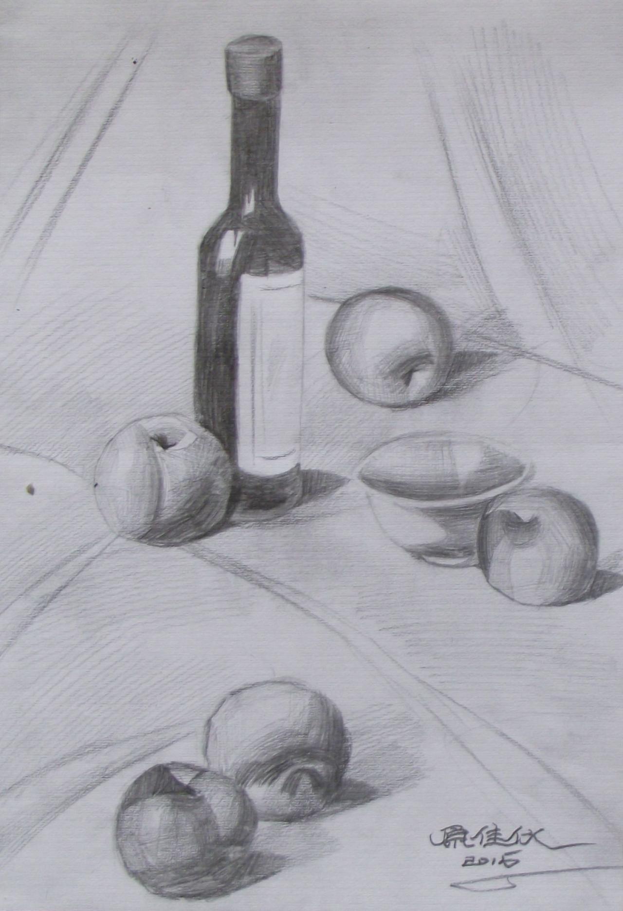 酒瓶、桃子、苹果、碗 静物素描 原佳仪画