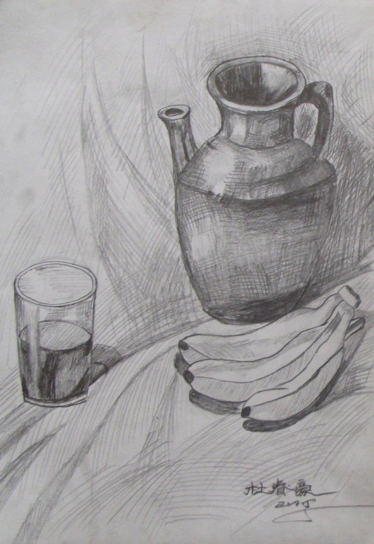 陶罐、香蕉、玻璃杯 静物素描 杜睿豪画