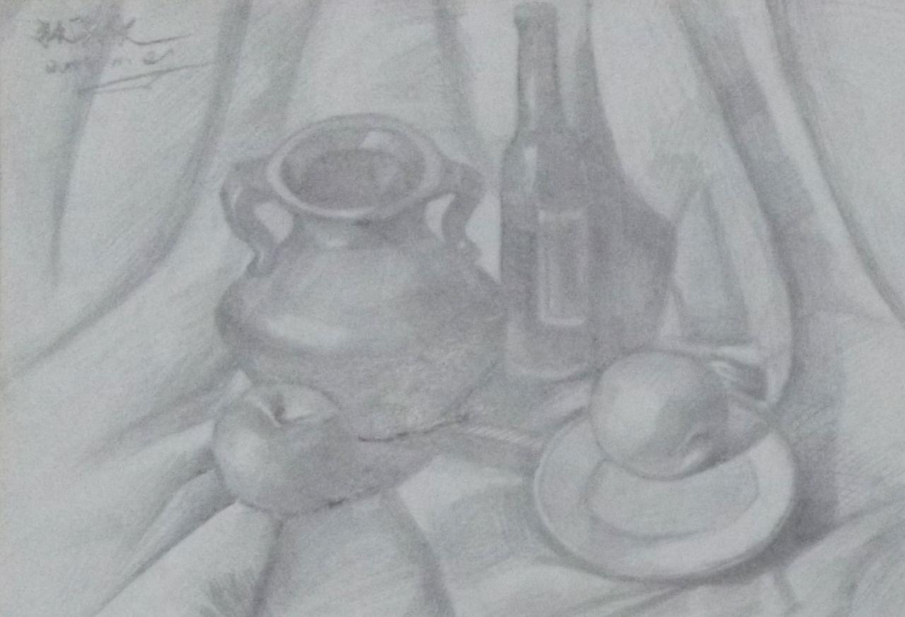 陶罐、酒瓶、水果和盘子等静物素描 张萧文画