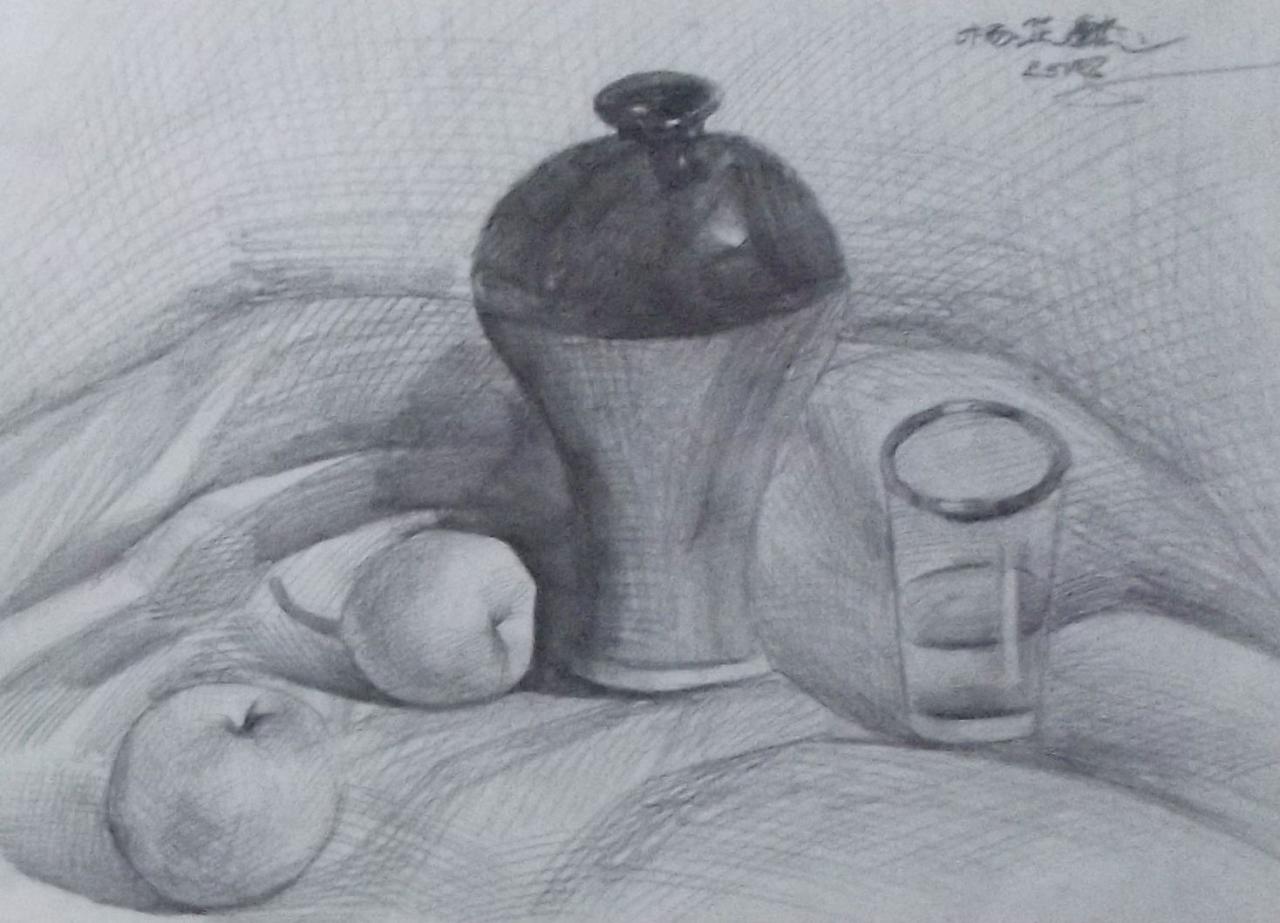 陶罐、梨、玻璃杯等静物素描 杨芷懿画