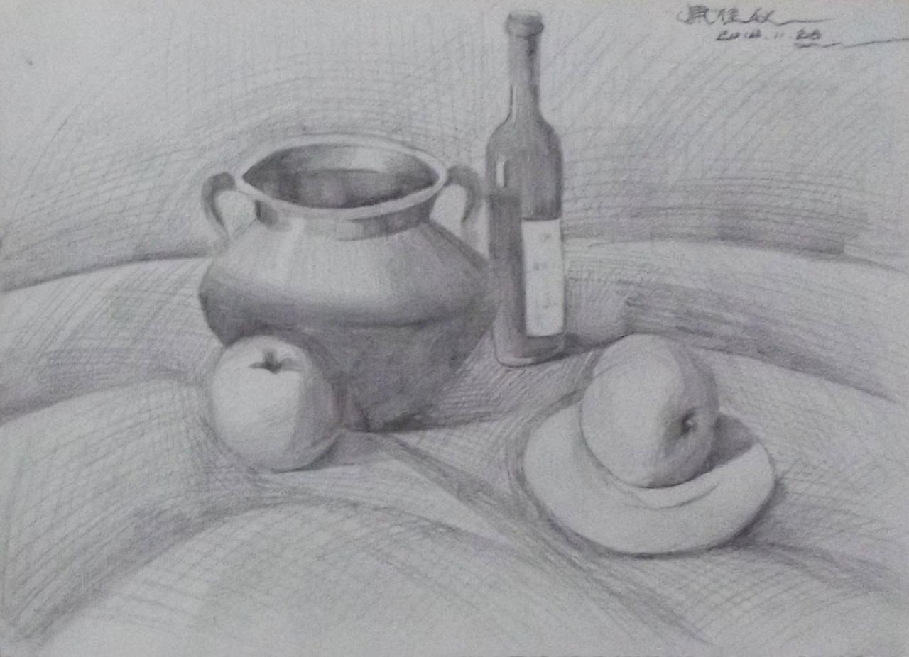 陶罐、酒瓶、苹果、盘子等静物素描 原佳仪画