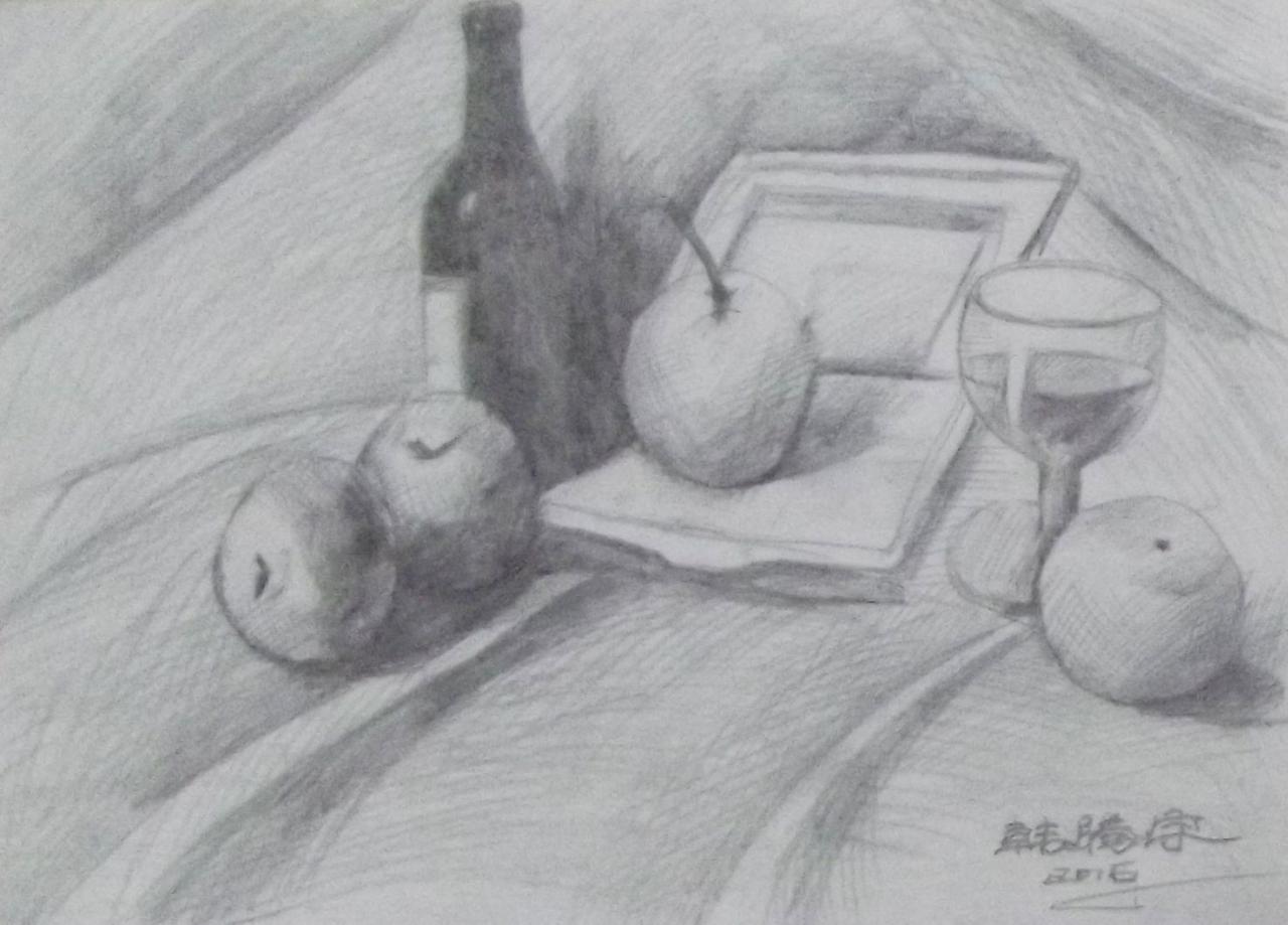 酒瓶、苹果、梨、玻璃杯和饭盒 韩腾宇画