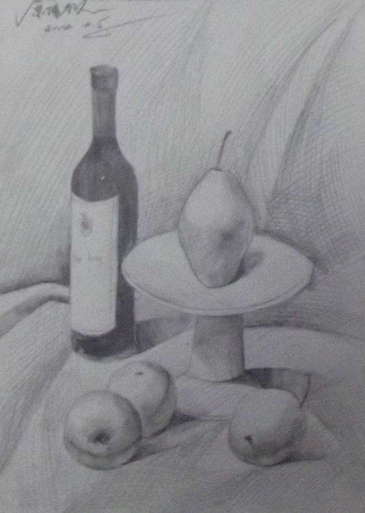 果盘、梨、酒瓶等静物素描 原佳仪画