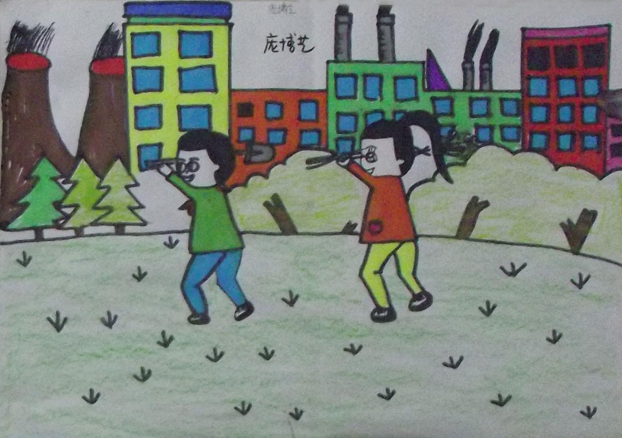 走在植树路上的小朋友 庞博艺画