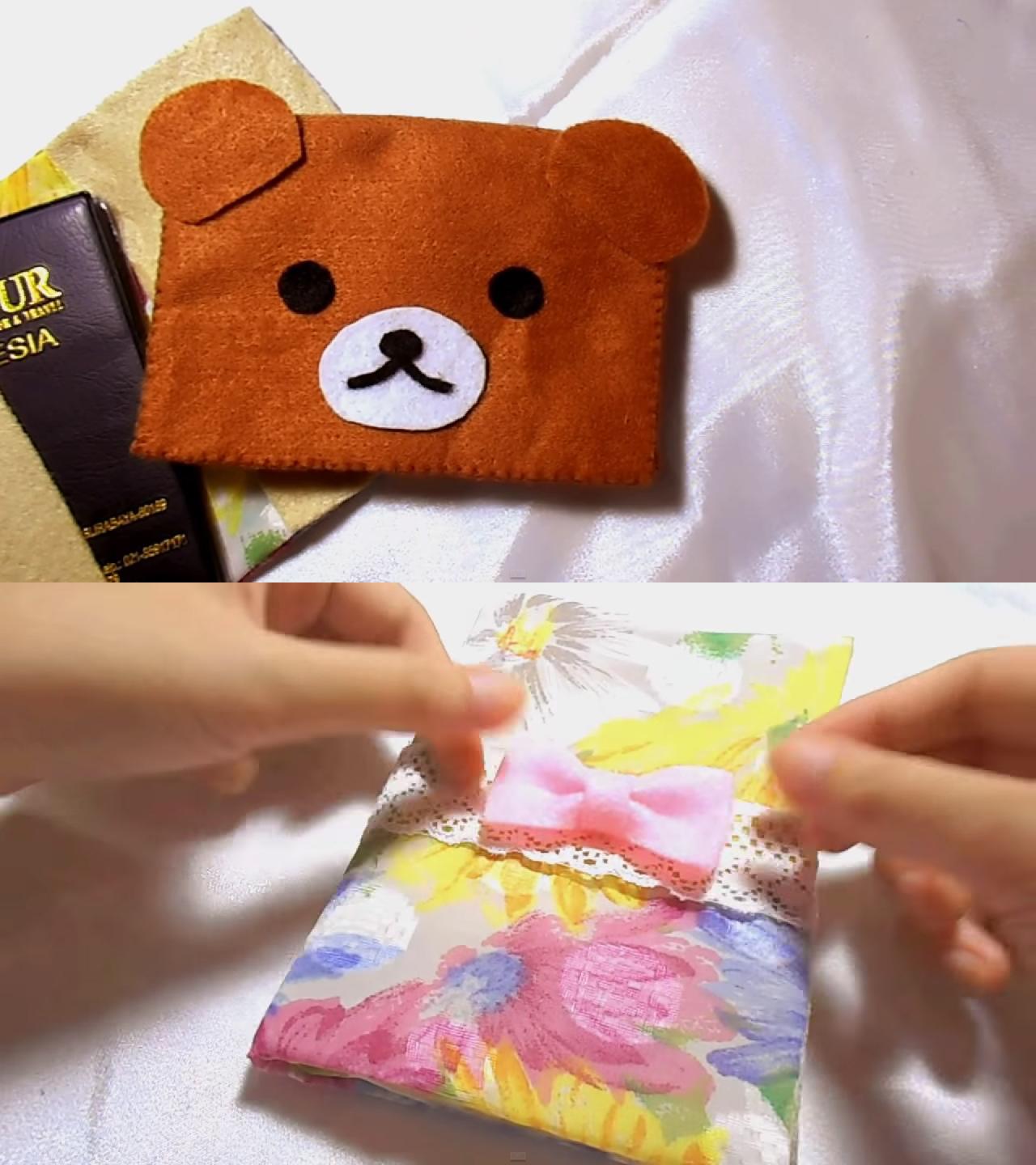 轻松熊钱包（上）和正在制作的蝴蝶结蕾丝钱包（下）