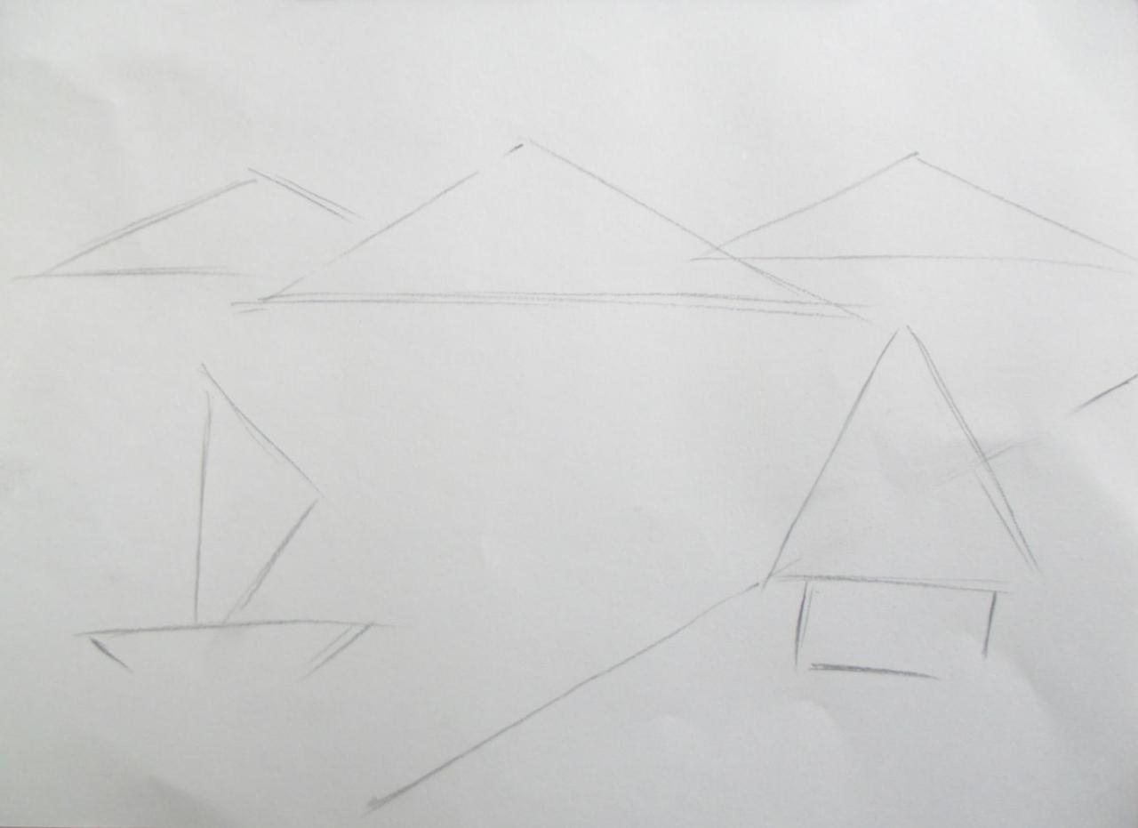 第一步，画出海岸线、房子、近处的船及远山的位置