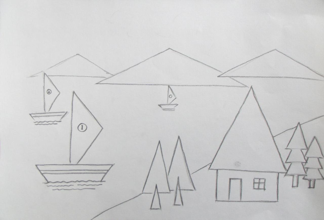 第二步，画出房前屋后的树木及远处的帆船
