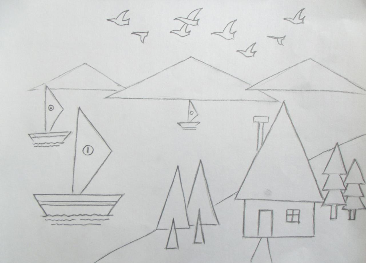 第三步，画出房上的烟囱、小路及天上飞翔的小鸟