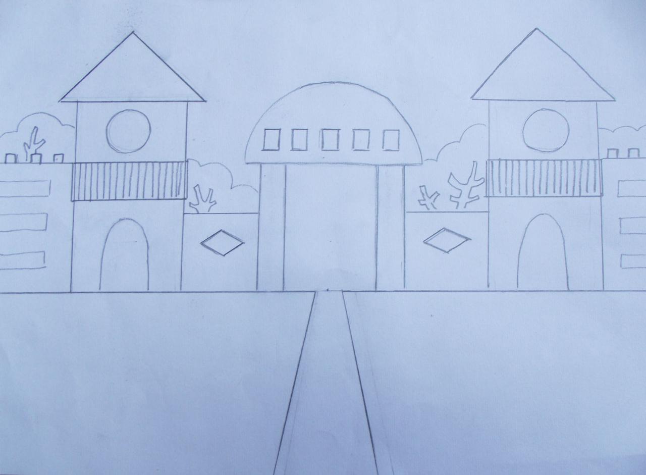 第三步，画出幼儿园大门两边的围墙及楼房两边的其他建筑